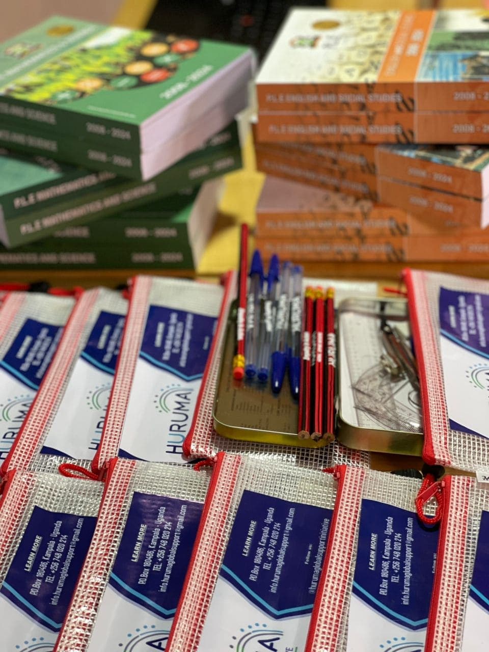 Pens and stationery prepared for distribution to exam candidates